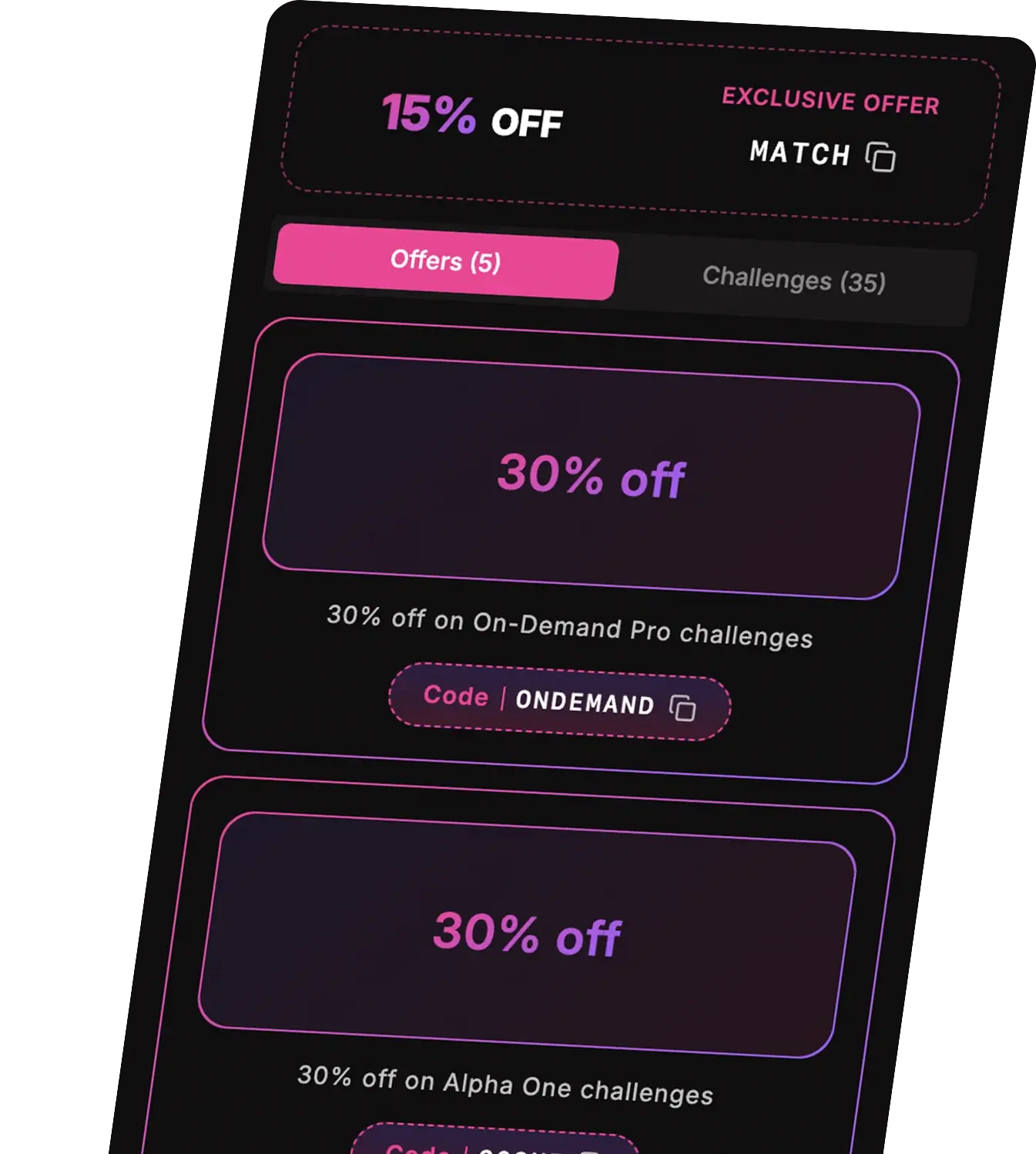 Prop Firm Match extension showing MATCH promo codes and offers on a supported prop firm site.